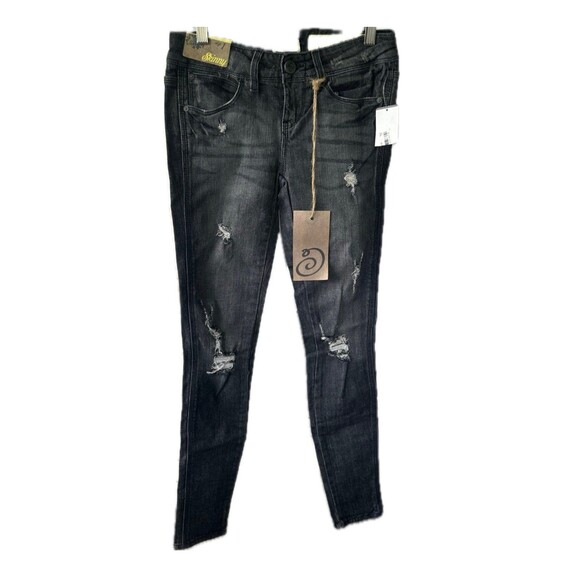 Indigo Rein NWT Juniors Black Skinny Factory Faded Distressed 5 Pocket Jeans 1 - Picture 1 of 7